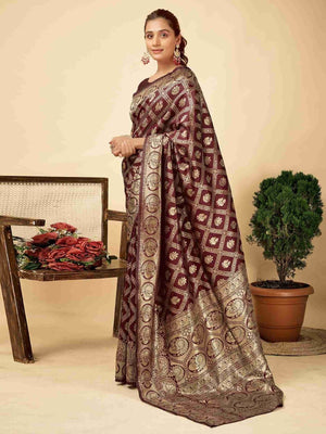 Rajwada Dark Maroon Silk Blend Zari Work Saree For Women