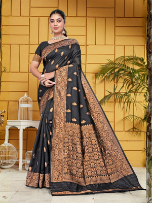 Rajwada Black And Gold Silk Blend Zari Work Saree For Women