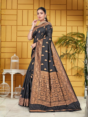 Rajwada Black And Gold Silk Blend Zari Work Saree For Women