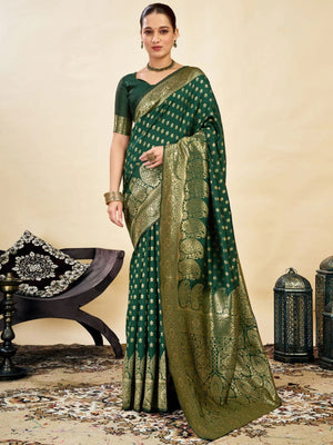 Rajwada Dark Green Silk Blend Zari Work Saree For Women
