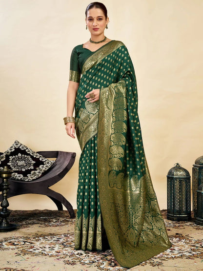 Rajwada Dark Green Silk Blend Zari Work Saree For Women
