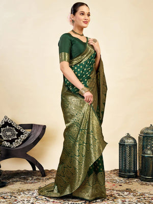 Rajwada Dark Green Silk Blend Zari Work Saree For Women