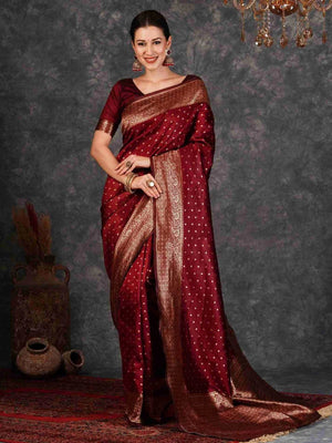 Rajwada Deep Maroon Silk Blend Zari Work Saree For Women