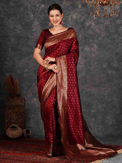 Rajwada Deep Maroon Silk Blend Zari Work Saree For Women