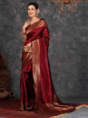 Rajwada Deep Maroon Silk Blend Zari Work Saree For Women