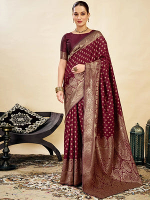 Rajwada Maroon Silk Blend Zari Work Saree For Women