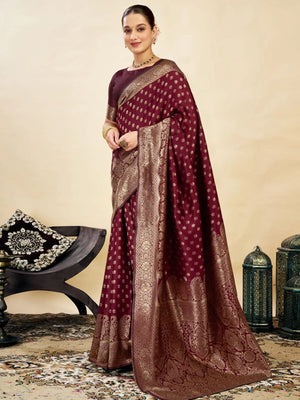 Rajwada Maroon Silk Blend Zari Work Saree For Women