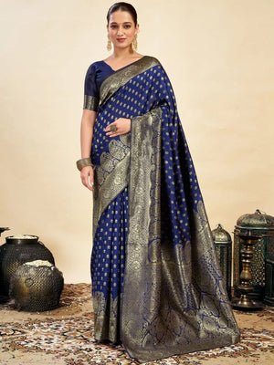 Rajwada Dark Blue Silk Blend Zari Work Saree For Women