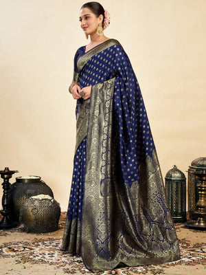 Rajwada Dark Blue Silk Blend Zari Work Saree For Women
