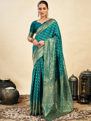 Rajwada Teal Green Silk Blend Zari Work Saree For Women