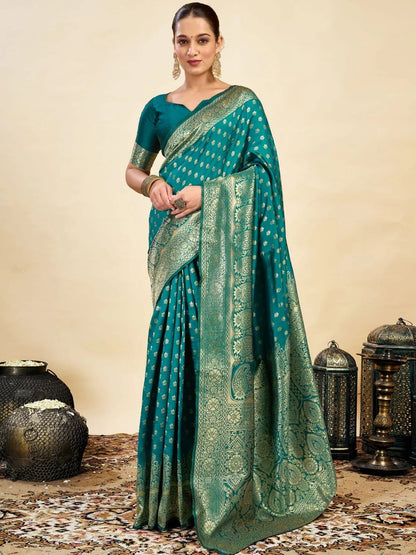 Rajwada Teal Green Silk Blend Zari Work Saree For Women