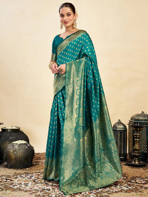 Rajwada Teal Green Silk Blend Zari Work Saree For Women
