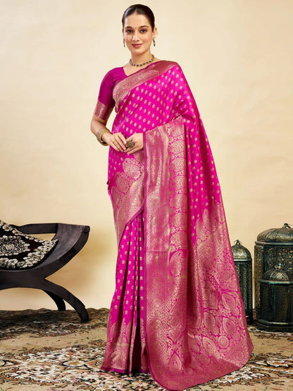 Rajwada Dark Pink Silk Blend Zari Work Saree For Women