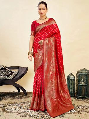 Rajwada Red Silk Blend Zari Work Saree For Women