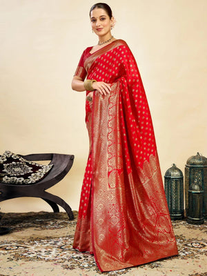 Rajwada Red Silk Blend Zari Work Saree For Women
