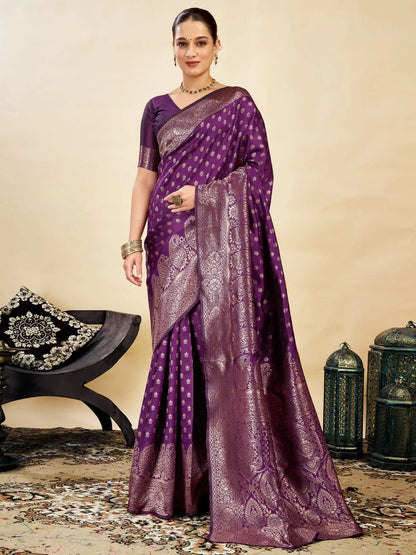 Rajwada Purple Silk Blend Zari Work Saree For Women