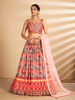 Rajwada Women Multicolor Printed, Handwork Art Silk Semi Stitched Lehenga With Unstitched Blouse