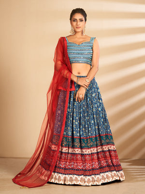 Rajwada Women Multicolor Printed, Handwork Art Silk Semi Stitched Lehenga With Unstitched Blouse