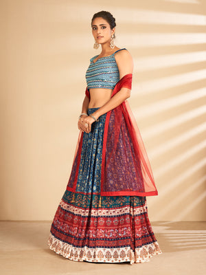 Rajwada Women Multicolor Printed, Handwork Art Silk Semi Stitched Lehenga With Unstitched Blouse
