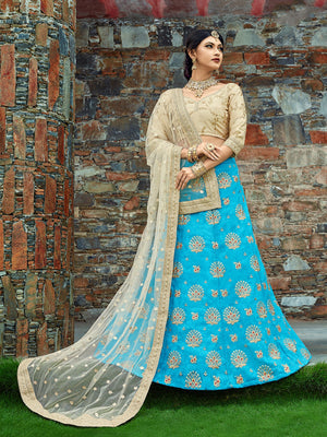 Rajwada Women Aqua Blue Art Silk Semi Stitched Lehenga With Unstitched Blouse
