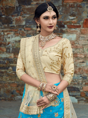 Rajwada Women Aqua Blue Art Silk Semi Stitched Lehenga With Unstitched Blouse