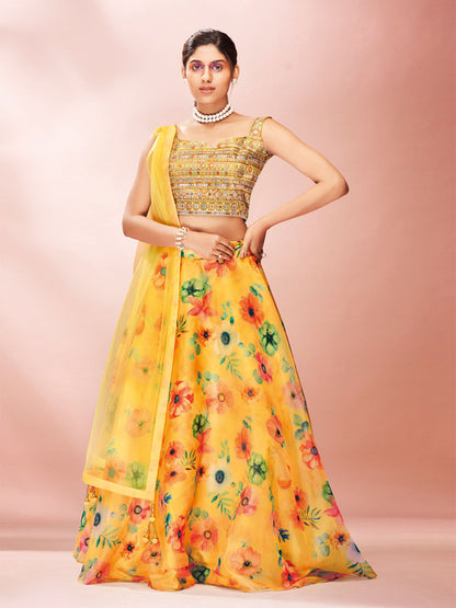 Rajwada Yellow Printed Organza Stitched Lehenga With Blouse For Women