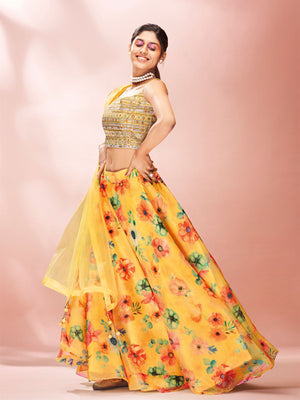 Rajwada Yellow Printed Organza Stitched Lehenga With Blouse For Women