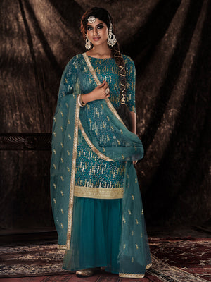 Rajwada Women Modern Teal Semi Stitched Kurta Set