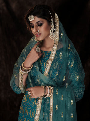 Rajwada Women Modern Teal Semi Stitched Kurta Set