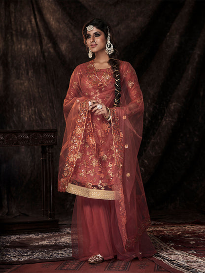 Rajwada Maroon Embellished Soft Net Semi Stitched Kurta Set With Dupatta For Women