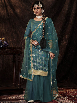 Rajwada Women Teal Designer Semi Stitched Kurta Set