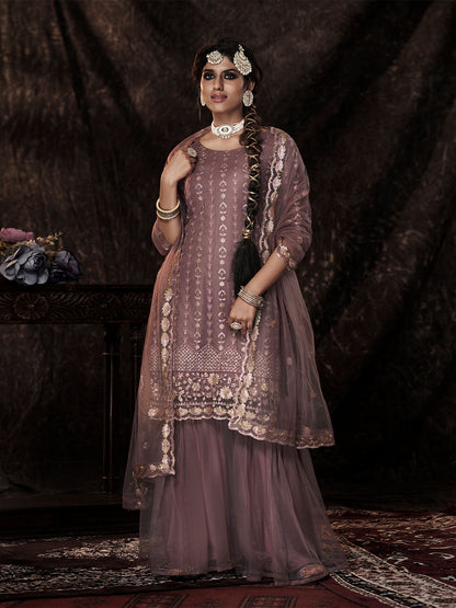 Rajwada Purple Embellished Soft Net Semi Stitched Kurta Set With Dupatta For Women