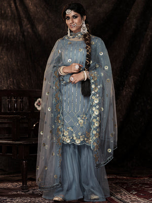 Rajwada Women Designer Grey Soft Net Semi Stitched Kurta Set