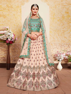 Rajwada Women Peach Elegant Semi Stitched Lehenga With Unstitched Blouse