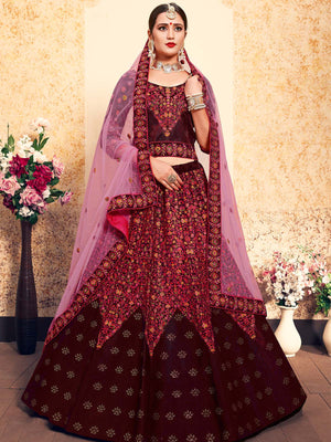 Rajwada Women Embroidered Modern Maroon Semi Stitched Lehenga With Unstitched Blouse