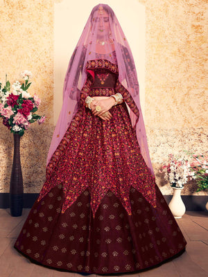 Rajwada Women Embroidered Modern Maroon Semi Stitched Lehenga With Unstitched Blouse