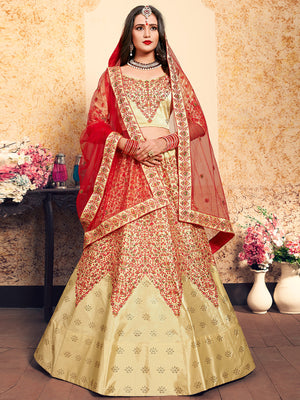 Rajwada Women Beige Satin Embroidered Semi Stitched Lehenga With Unstitched Blouse