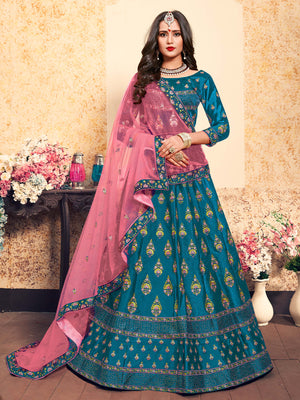 Rajwada Women Semi Stitched Teal Embroidered Semi Stitched Lehenga With Unstitched Blouse