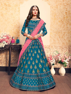 Rajwada Women Semi Stitched Teal Embroidered Semi Stitched Lehenga With Unstitched Blouse