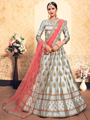 Rajwada Women Grey Designer Semi Stitched Lehenga With Unstitched Blouse