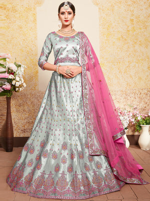 Rajwada Women Grey Designer Semi Stitched Lehenga With Unstitched Blouse