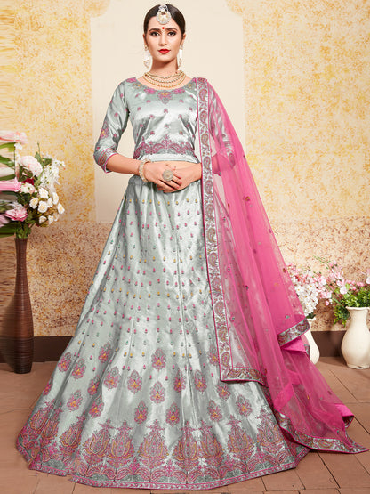 Rajwada Women Grey Designer Semi Stitched Lehenga With Unstitched Blouse