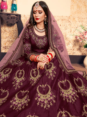 Rajwada Women Soft Net Maroon Semi Stitched Lehenga With Unstitched Blouse