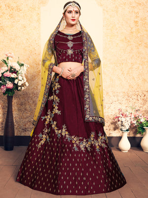 Rajwada Women Soft Net Maroon Semi Stitched Lehenga With Unstitched Blouse