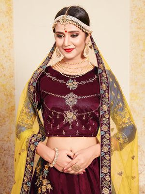 Rajwada Women Soft Net Maroon Semi Stitched Lehenga With Unstitched Blouse