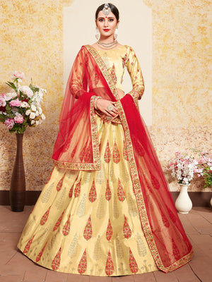 Rajwada Women Beige Stunning Semi Stitched Lehenga With Unstitched Blouse