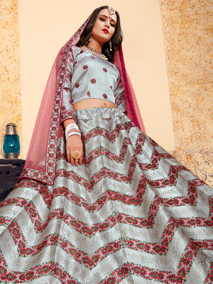 Rajwada Women Grey Designer Semi Stitched Lehenga With Unstitched Blouse