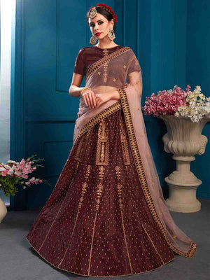Rajwada Women Brown Designer Satin Semi Stitched Lehenga With Unstitched Blouse