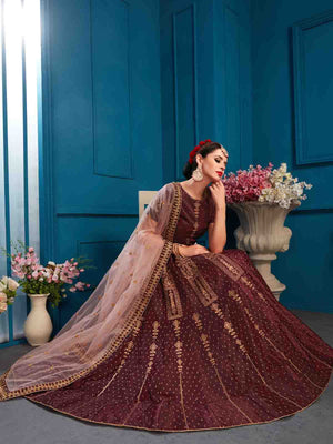 Rajwada Women Brown Designer Satin Semi Stitched Lehenga With Unstitched Blouse