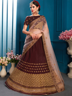 Rajwada Women Brown Sparkling Sequins Semi Stitched Lehenga With Unstitched Blouse